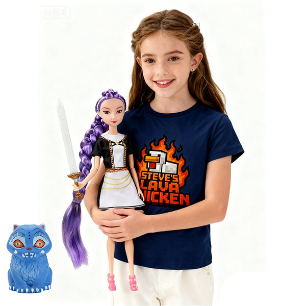Girl holding the purple braid fashion doll