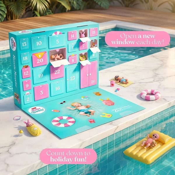 Doll advent calendar opened beside a pool, with numbered windows and play mat