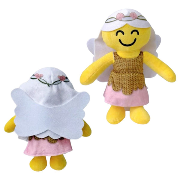 Back and front of the smiling fairy plush with white veil and wings