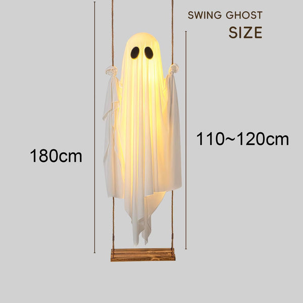 Hanging ghost swing set up in a front yard for trick or treating