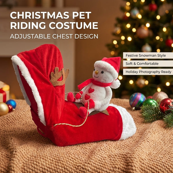 Snowman dog Christmas costume on a blanket beside the Christmas tree