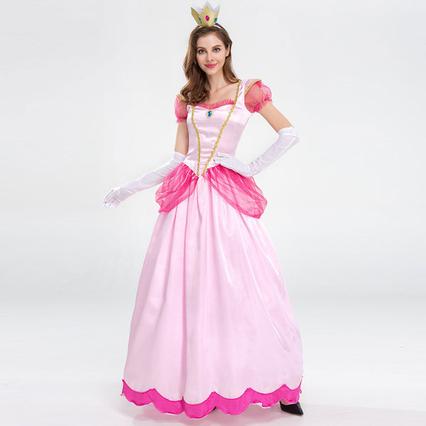 Pink satin princess gown with gold crown headband, front view