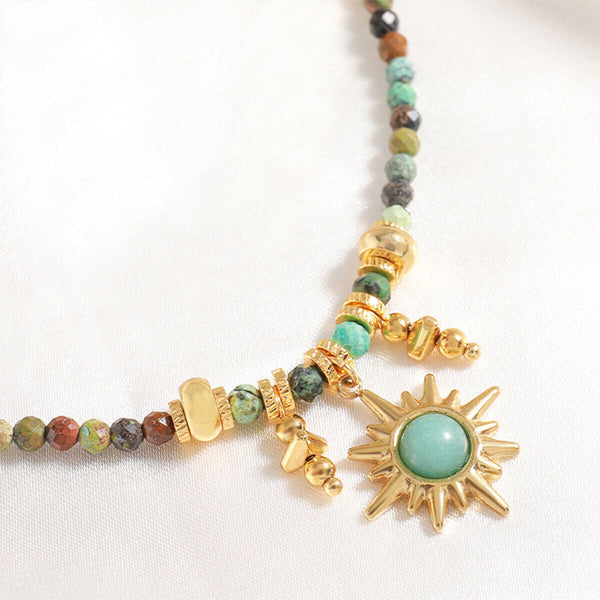 Vintage Colourful Beaded Necklace for Women with Turquoise Sun Pendant Fashion