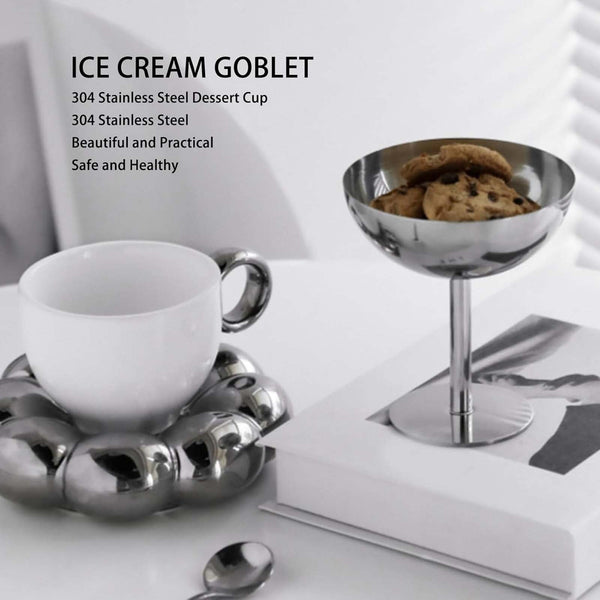 2PCS Stainless Steel Ice Cream Bowls Dessert Cups 300ml Serving Cups Silver