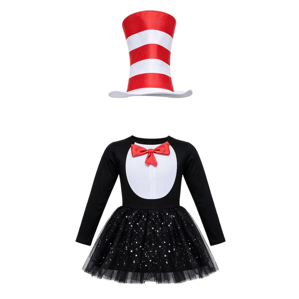 Kids The Cat in The Hat Cosplay Dr.Seuss Costume Cat Outfit Set Girls TUTU Dress
