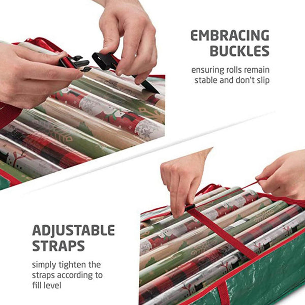 Adjustable straps and buckles holding wrapping paper rolls in place