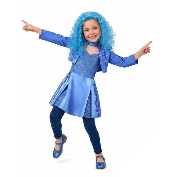 Girl posing in Descendants Chloe costume with teal wig