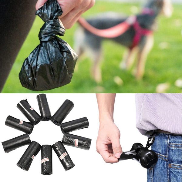 Dog owner on a walk with a tied poo bag and rolls of bags