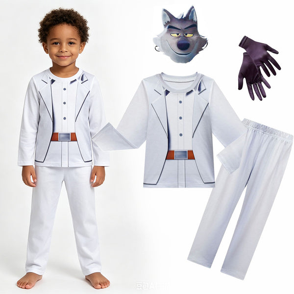 Boy wearing Mr Wolf The Bad Guys costume with suit top pants mask and gloves