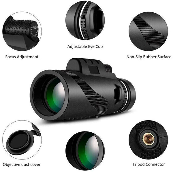 HD Portable Monocular Telescope Travel Low Light Vision with Phone Clip Tripod