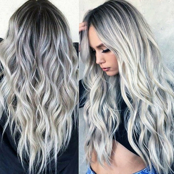 Long Ombre Grey Wavy Synthetic Wig Heat Resistant Lace Front Women's Wig