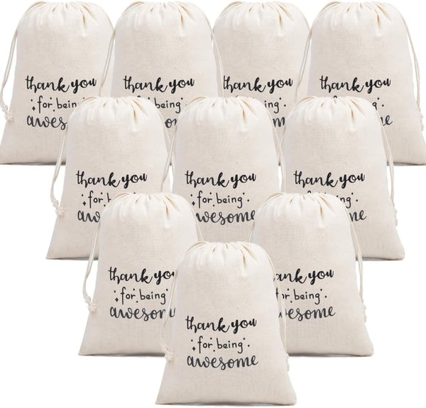 Calico drawstring bags printed with thank you for being awesome