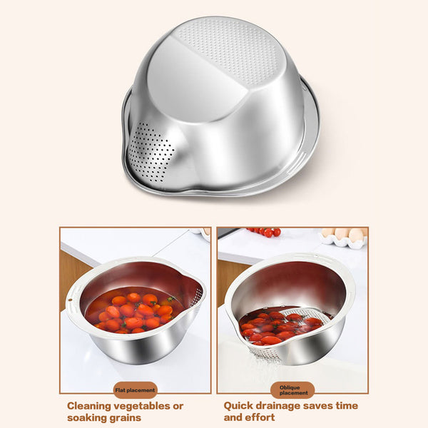 3PCS Stainless Steel Rice Washing Bowl 4-in-1 Colander Strainer