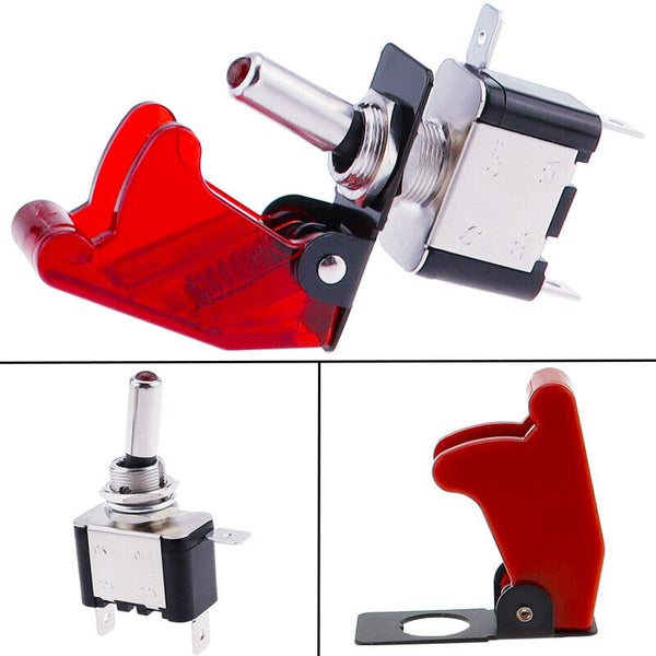 On/Off Toggle Switch RED LED Light w/ Missile Cover Heavy Duty SPST 12V/20A