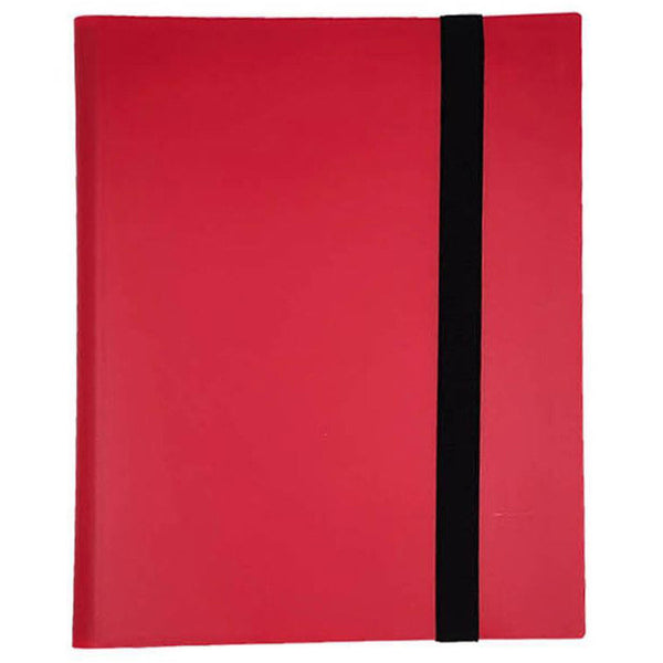 Red trading card binder with elastic strap