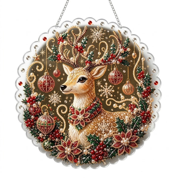 Deer design diamond art Christmas hanging decoration with baubles and holly