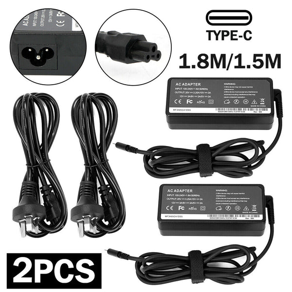 2pcs 65W USB-C Type-C Adapter Laptop Charger For Lenovo ThinkPad Acer Dell HP AU