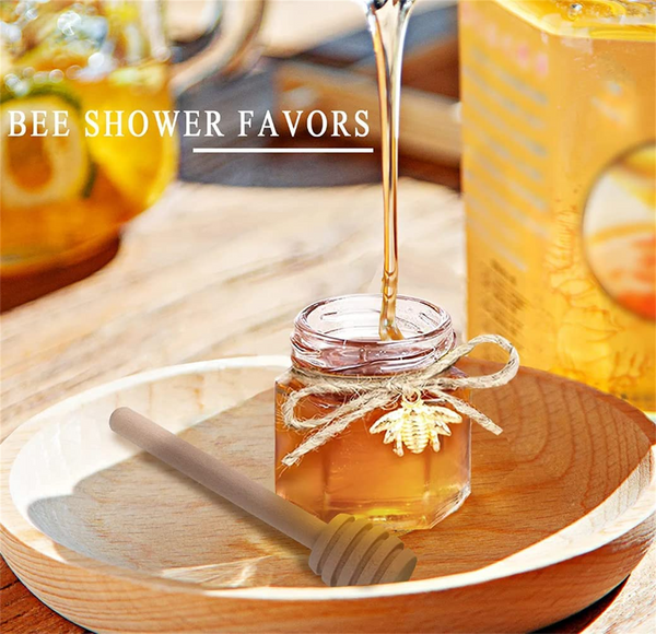 50Pack Hexagon Mini Glass Honey Jars with Wood Dipper Gold Lid Bee Pendants Rope