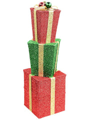 Christmas Present Stack Decoration – 71cm Tinsel Gift Boxes, Red, Green & Gold