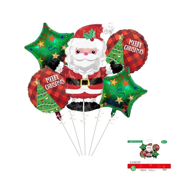 5 piece Santa balloon set with Santa foil balloon and tartan round balloons