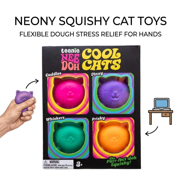 Neon squishy cat toys with flexible dough texture, squeezed in the hand