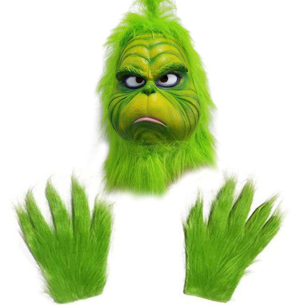 Cartoon-style green grump mask with furry green gloves