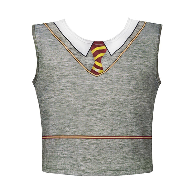 Grey sleeveless top with printed collar and striped tie