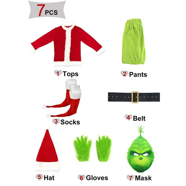 7 piece kids Christmas costume set with green face mask