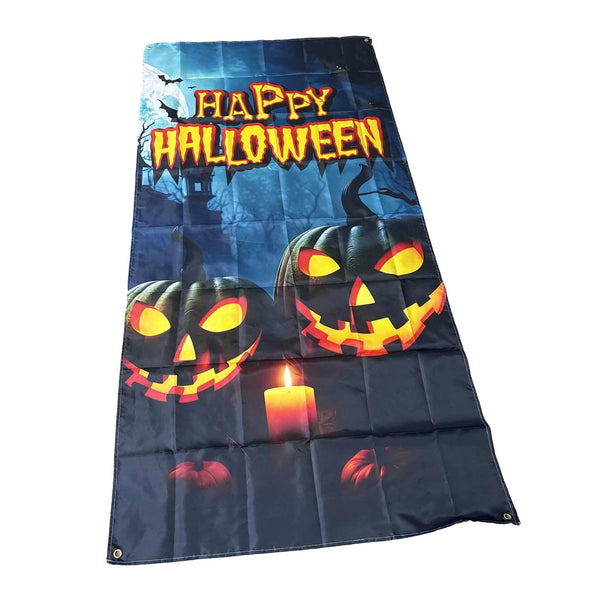 Corner grommet detail on a Halloween door cover banner