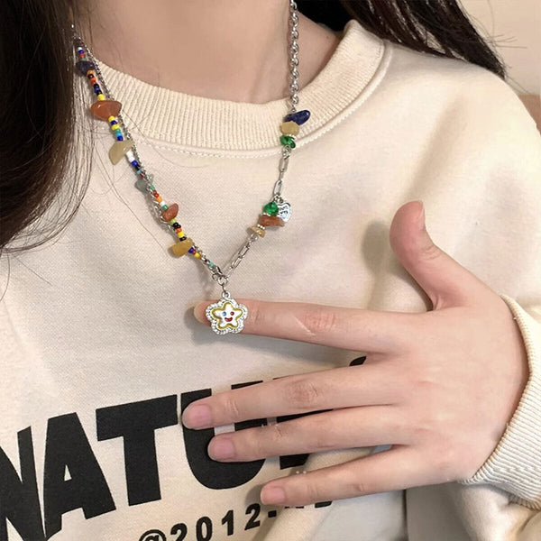 Colourful Flower Smiley Necklace Collarbone Chain Cheerful Women's Accessory