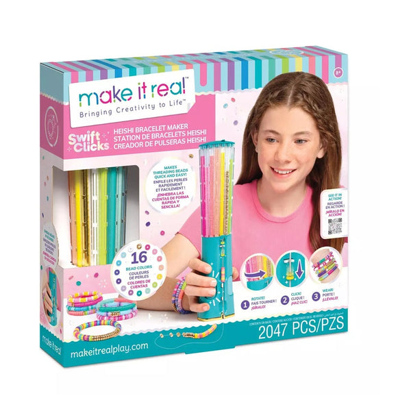 Heishi bead bracelet maker set box showing the bead tower and finished bracelets