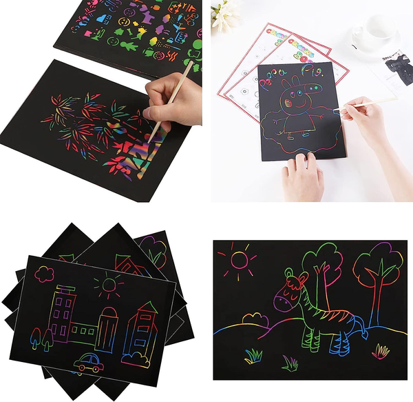 70 PCS Scratch Paper Art Rainbow Magic Scratch Off Art Crafts Set Supply Drawing