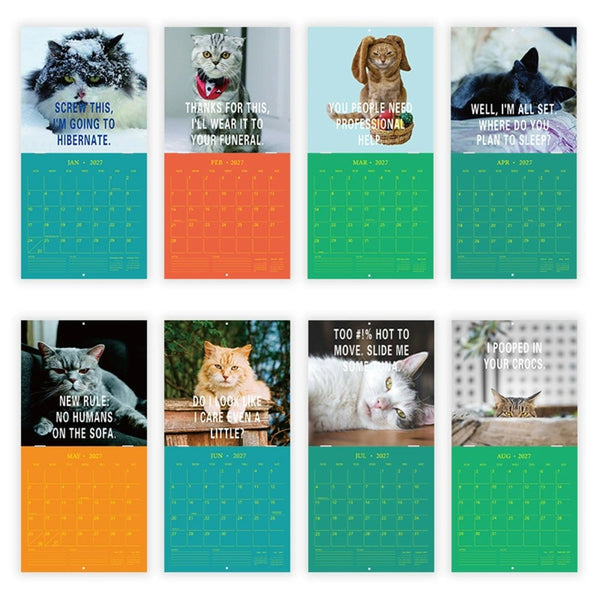 Cranky cat calendar pages showing cats with cheeky captions and monthly date grids