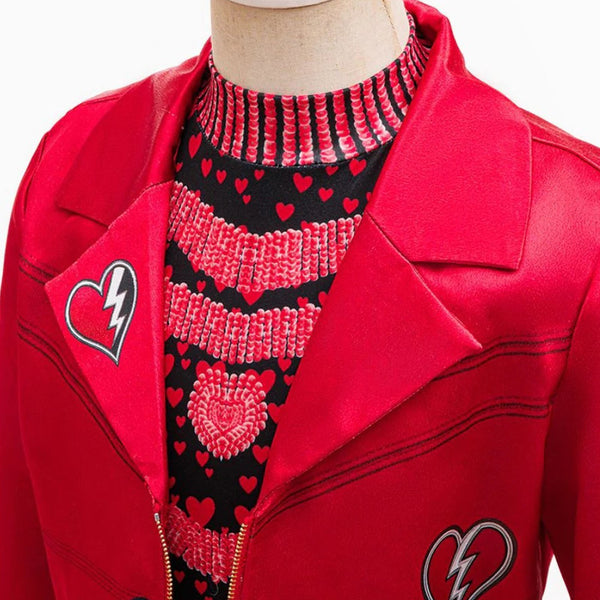 Close up of Descendants Red costume heart print high collar