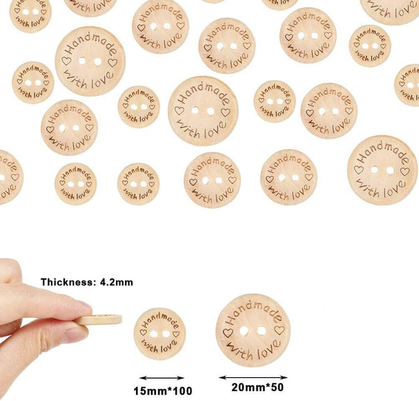 Natural Wooden Button 100pcs Craft Sewing DIY Handmade With Love Wooden Buttons