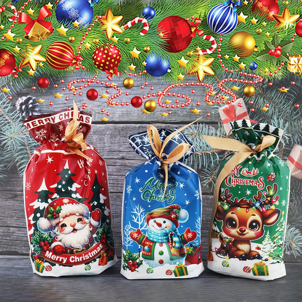 Santa, snowman and reindeer gift bags under a Christmas garland