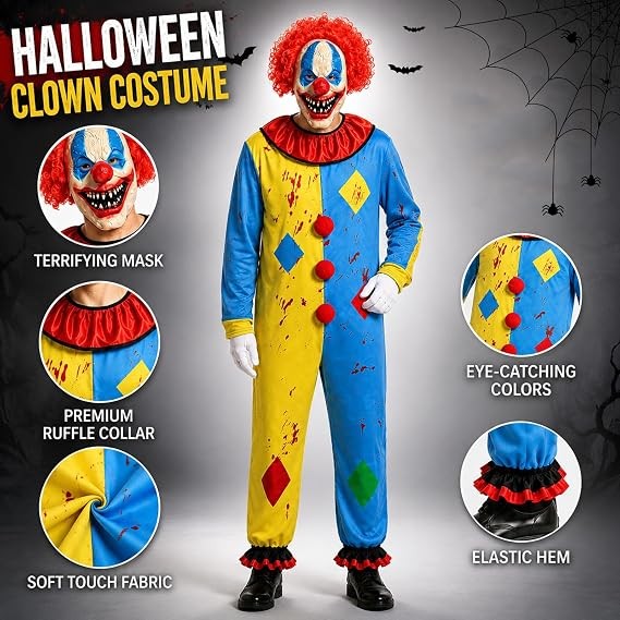 Scary clown costume size chart S to 2XL