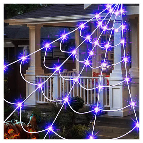 Purple glowing spider web lights for a Halloween night display
