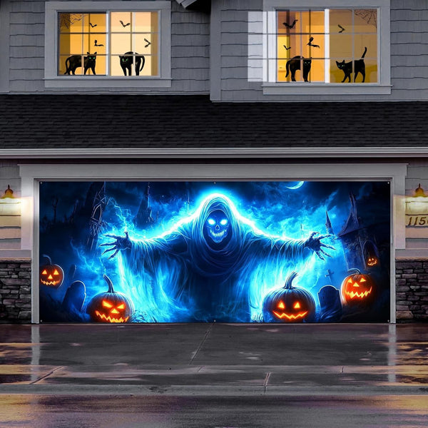 180 x 400cm Halloween garage door banner shown at full size on a house