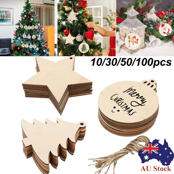 Blank wooden Christmas ornaments in round, star and tree shapes with jute twine, 10 to 100 pack