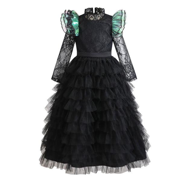 Black ruffle tulle Elphaba witch dress with green puff sleeves on mannequin - Lets Party
