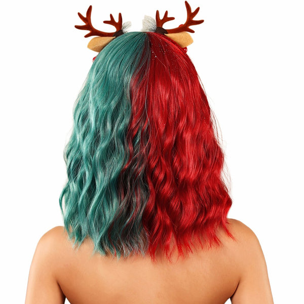 Christmas Wig Red and Green Wig Short Wavy Fun Wigs with Bangs Curly Bob Wigs