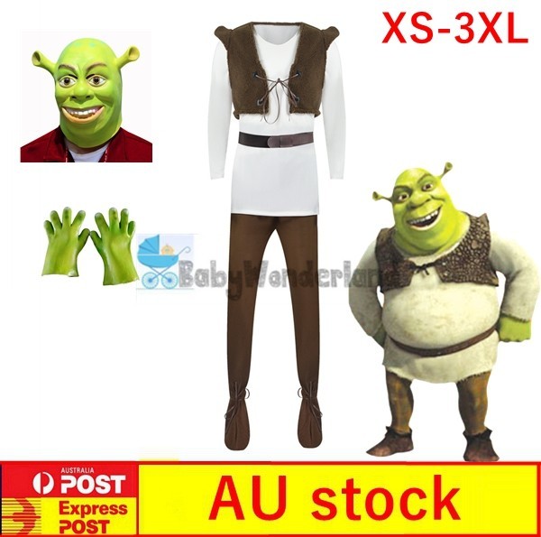 Adult Men Shrek Green Monster Cosplay Costume Mask Gloves Halloween Party XS-3XL
