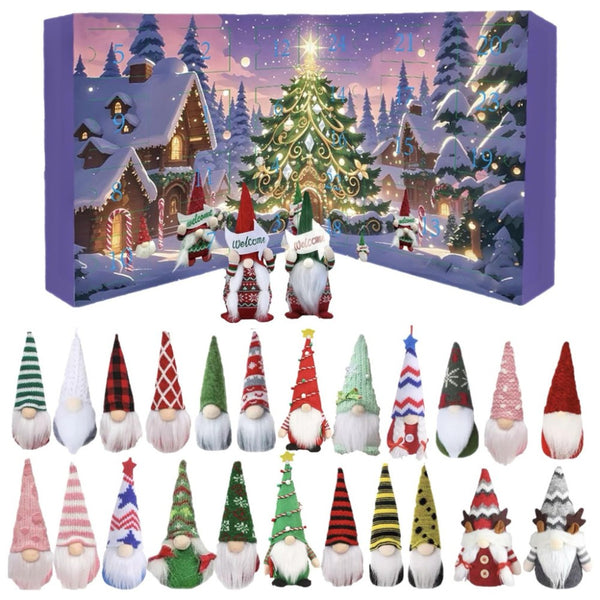 Purple Christmas tree village gnome advent calendar with 24 striped and checked hat gnomes