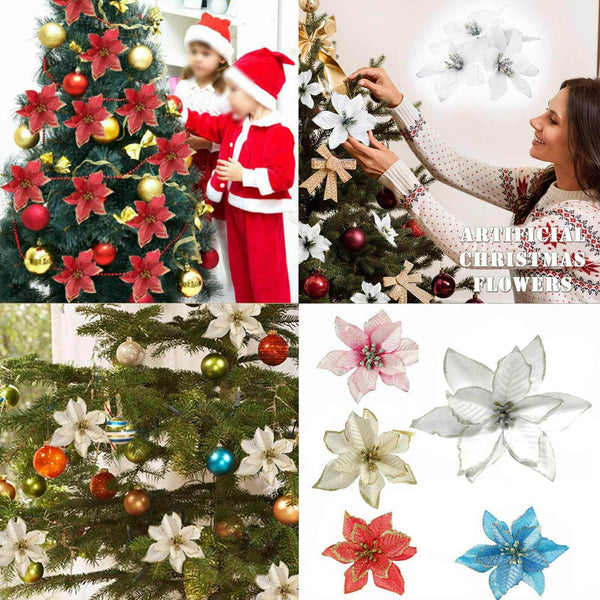Poinsettia flowers on Christmas trees in red, white, gold and blue