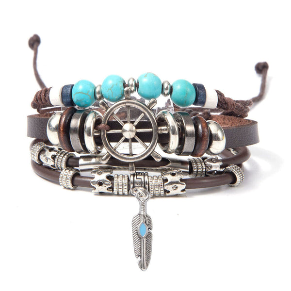 Turquoise Woven Leather Multi Layered Beaded Bracelet with Wood Beads for Women