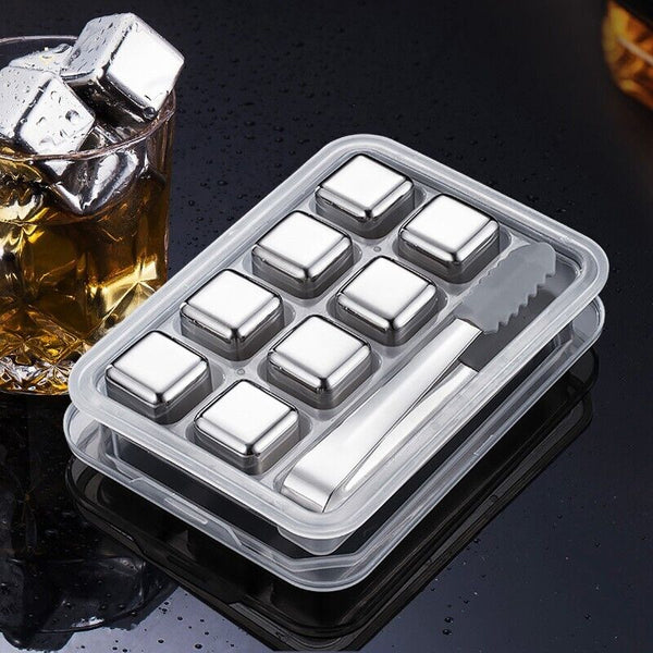 Stainless Steel Whiskey Stones x 8 Ice Cubes With Tong Reusable Cooling Ice Cube