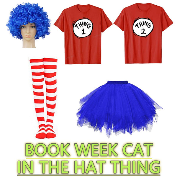 Thing 1 and Thing 2 costume components t-shirt tutu socks and wig