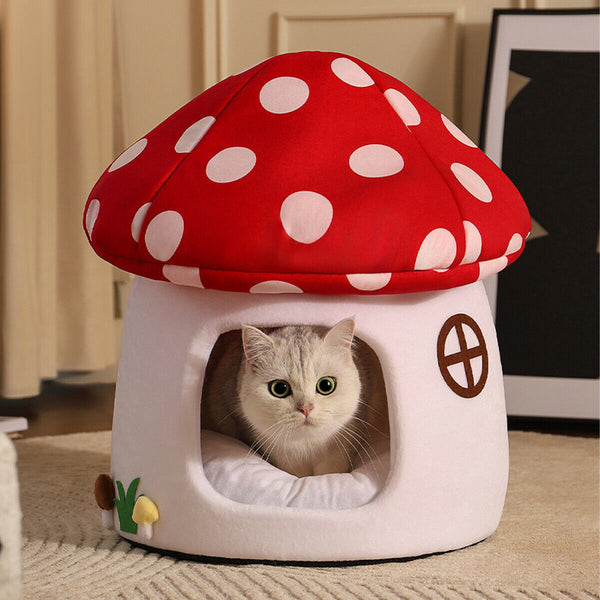 Winter Mushroom Cat House Cozy Sleeping Pet Bed for Cats Indoor Warm Pet House