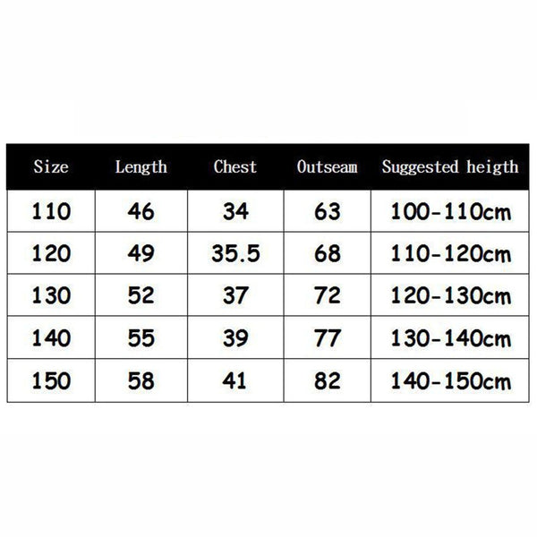 Mr Wolf costume kids size chart by height 110 to 150cm